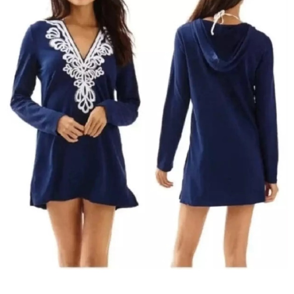 Lilly Pulitzer Embroidered Hooded Shel Coverup Size Small Navy Blue